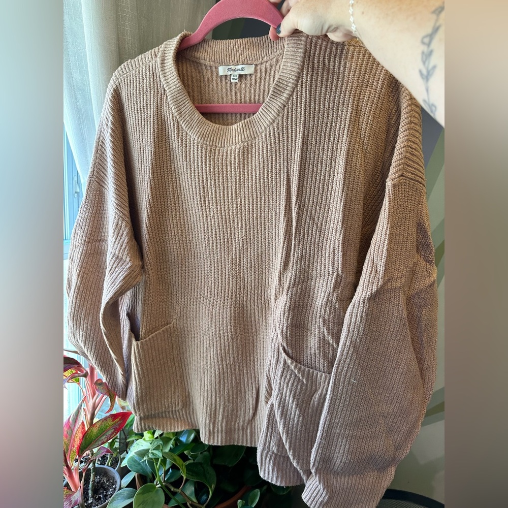 Madewell tan blush pink patch pocket crewneck sweater xxl